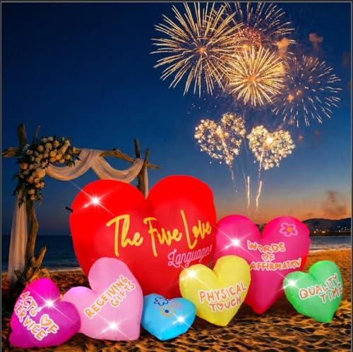 Valentines Inflatables Outdoor Decor 6FT Long 5 Love Languages Hearts Blow Up Yard Decor with LED Lights 7 Romantic Hearts Proposal Anniversary Wedding Lawn Garden Decoration Weather Resistant