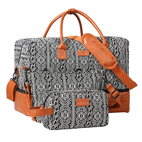 Image of Oflamn Weekender Bag for Women Canvas Overnight Bag Large Travel Duffle Bag with Shoe Compartment 3Pcs Set
