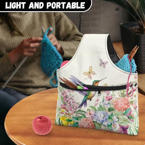 Image of KUIFORTI Hummingbird Knitting Yarn Bag, Flower Crochet Bags for Women Tote Bag for Knitting Needles, Yarns and Unfinshed Project, Crochet Hook Organizer, Large Size