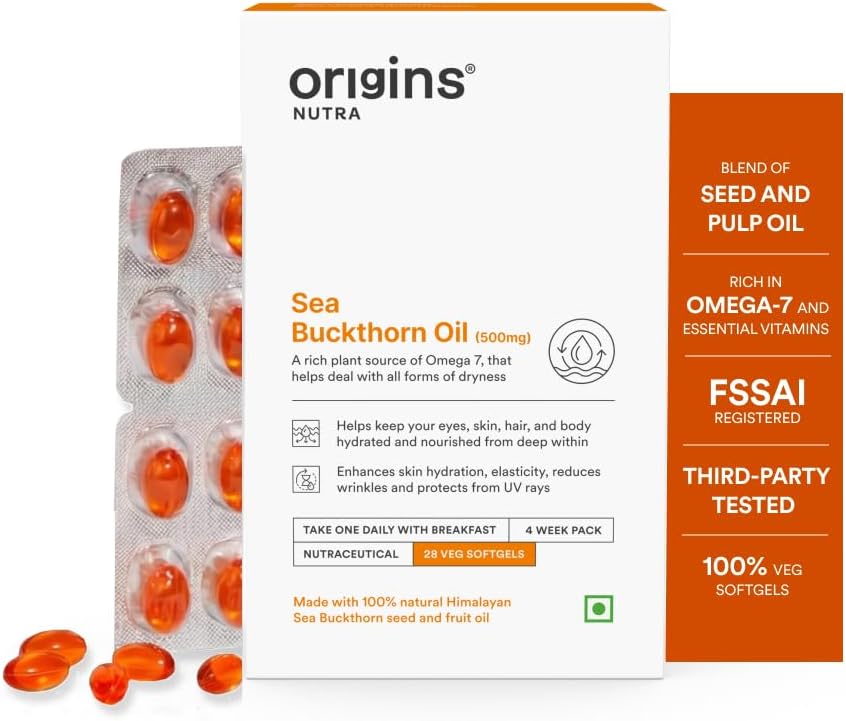 Sea Buckthorn Oil| Seed & Pulp Extract | Omega-7 for Skin, Hair & Eye Hydration | GMP Certified | 28 Veg. Softgels | Pack of 1