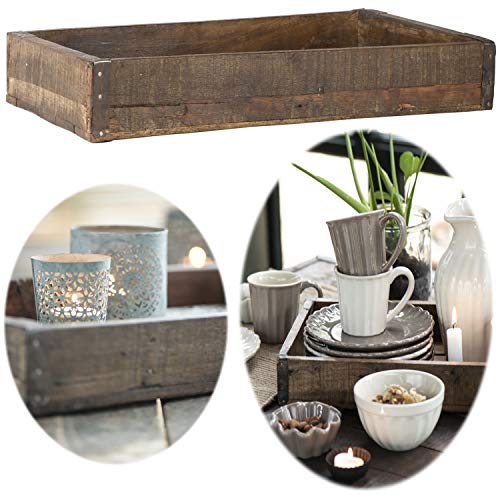 LS-LebenStil Vintage Holztablett Unika - 43x26x6cm - Rechteckig - Braun Ziegelform - Holz Aufbewahrungs-Box Serviertablett Holzbrett Küchentablett Pflanzkübel Besteckkasten Deko Kerzentablett