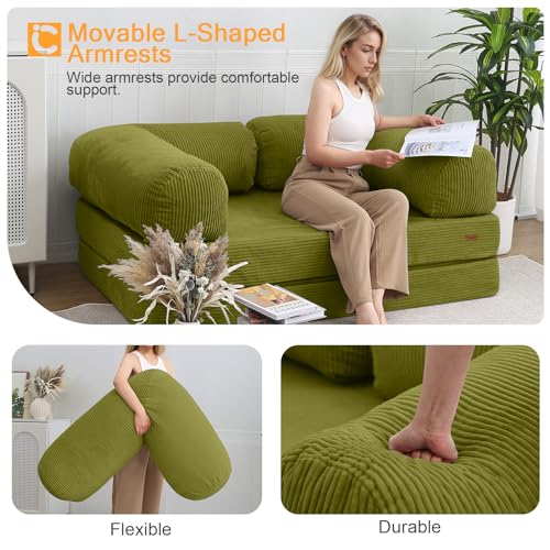 COMAX Folding Sofa Bed Queen, 4-in-1 Convertible Foldable Floor Couch Futon Sofa with Armrests, Sleeper Mattress Fold Out Chair Bed Comfy Portable Lounge Guest for Living Room Bedroom, Light Green