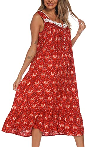 Image of AVIIER Cotton Nightgowns for Women Sleeveless House Dress Ladies Long Nightdress with Pockets S-XXL
