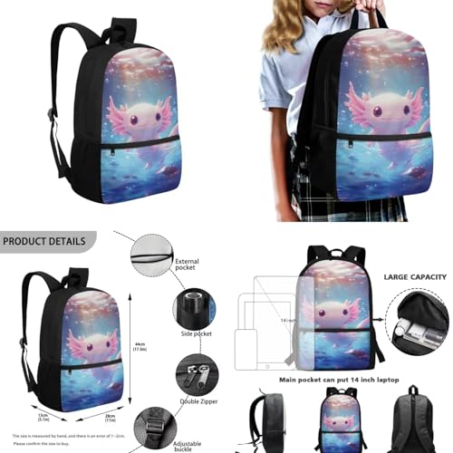 Cute Axolotl Backpack for Girls Kids Backpack with Lunch Box Water Bottle Pouch and Zipper Pencil Case 4PCS Set Sturdy Bookbag with Front Pocket 17 inch Lightweight Elementary School Bag3