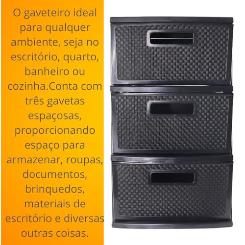 Gaveteiro Organizador de Chão com 3 Gavetas Rattan, Preto, Ideal para Casa e Escritório