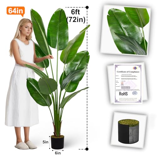 Image of Aveyas 6ft Artificial Bird of Paradise Tree for Home Decor, 6 Feet Faux Floor Plant Fake Silk Banana Leaf Tropical Trees with Pot for Indoor Outdoor House Living Room (6 ft Tall)