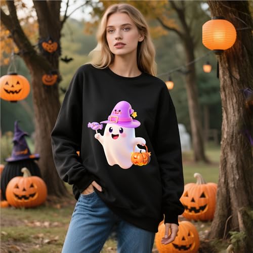 IRUD Halloween Sweatshirts for Women - Oversized Ghost Pumpkin Lantern Candy Pattern Round Neck Casual Long Sleeve - image 3