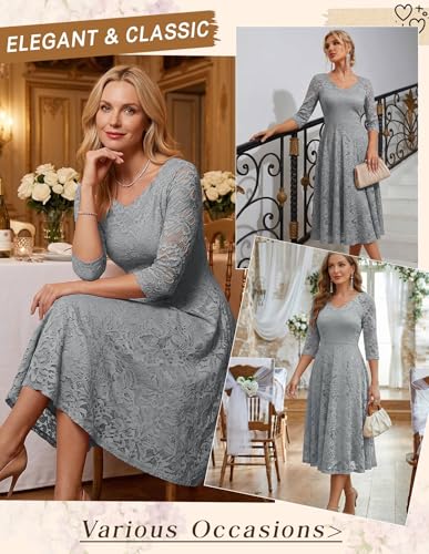Image of Dressystar Womens Long-Sleeve Wedding Guest Dress A-Line Lace Formal Party Cocktail Midi Dress Prom Gown