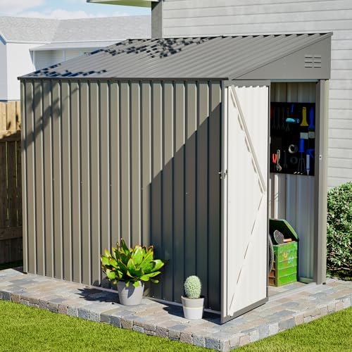 Image of YOPTO 4x7 FT Outdoor Storage Shed,Metal Lean to Storage Shed with Reinforced Beams,All Weather Waterproof Garden Tool House W /Lockable Door & Reversible Installation,for Backyard,Patio,Lawn,Olive Gray