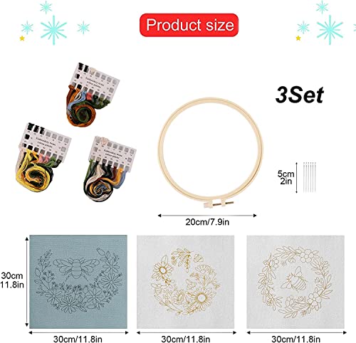 Lukinbox Embroidery Kit For Beginners Adults, 3 Sets Cross Stitch Starter Kits Include 3 Stamped Embroidery Clothes With Floral And Bee Pattern, 1 Embroidery Hoop, Threads, Needles #TOP1