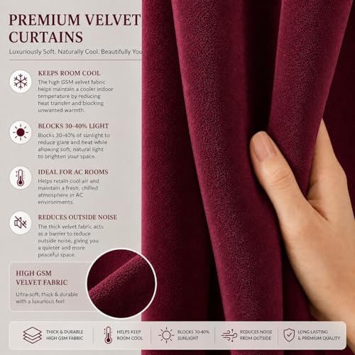 Image of Velvet Curtains | Heavy Soft Premium Velvet Drapes for Bedroom and Living Room | Semi Light Blocking, Thermal Insulated and Noise Reducing Window Panels | 5 Feet, Set of 2 (Maroon)