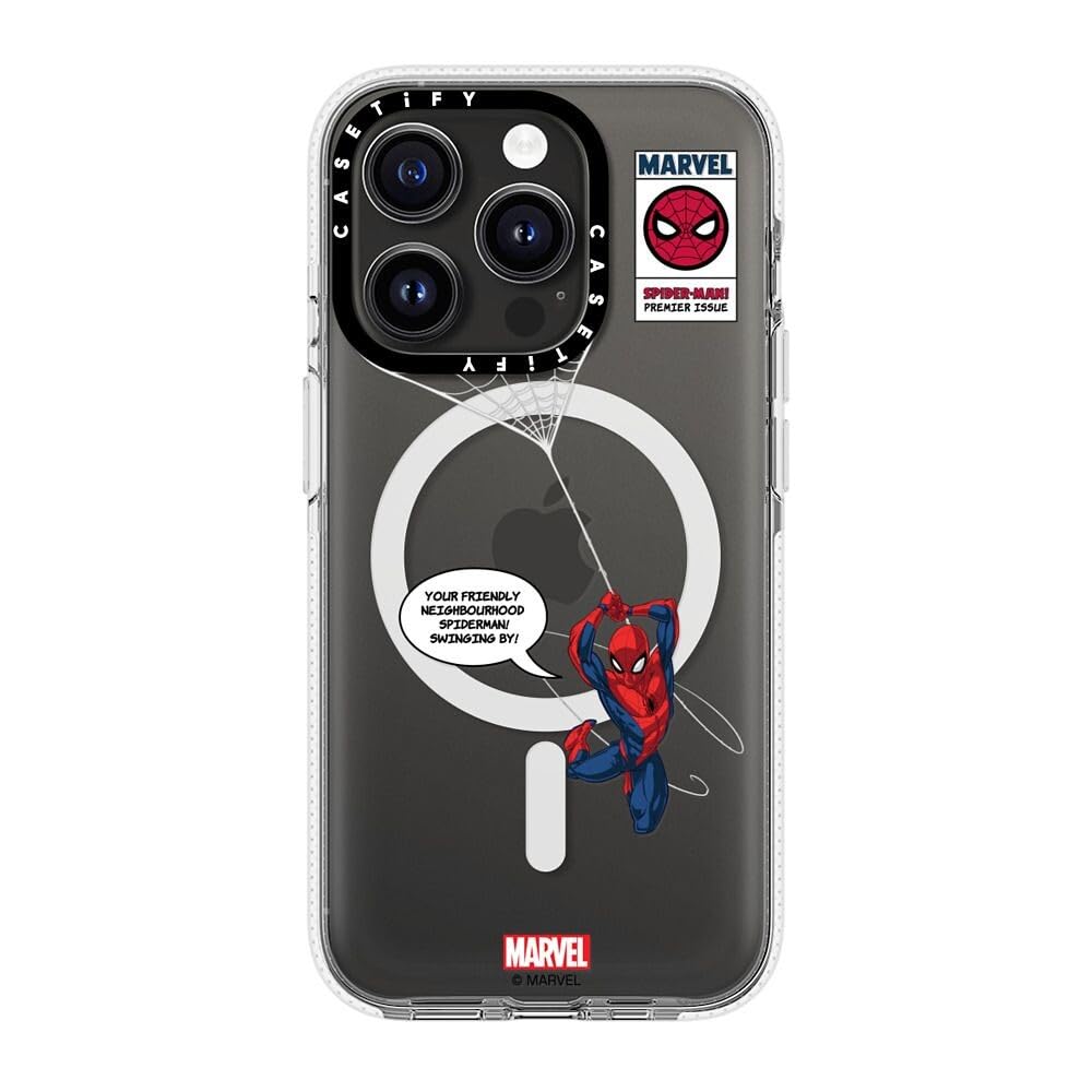 CASETiFY Funda transparente para iPhone 15 Pro [Spider-Man Co-Lab/no amarillea/protección contra caídas de 6.5 pies/compatible con Magsafe] - Spider-Man Swinging - Transparente