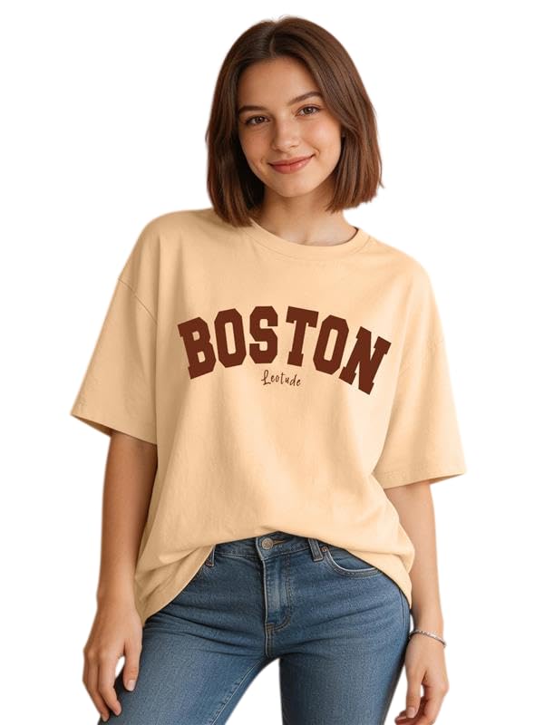 leotude Women's Oversized Printed Round Neck Half Sleeve Oversized T-Shirt Baggy Fit Drop Shoulder T-Shirt for Women's (Color: Beige)-picture-20