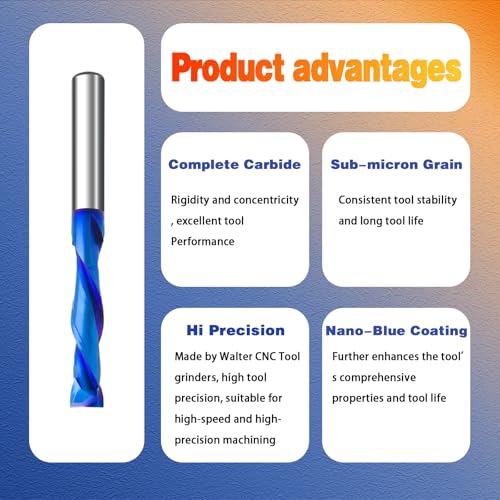 Image of 2PCS Solid Carbide Spiral Up-Down Cut Router Bit 1 /4 inch Shank, 1 /4 inch Cutting Diameter 2-1 /2 inch OAL Compression End Mill with Nano Blue Coated CNC Woodworking Bit