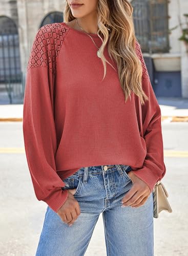 EVALESS Womens Long Sleeve Tops Dressy Casual Crewneck Waffle Lace Patchwork Knit T Shirts Blouses Fall Fashion 20253
