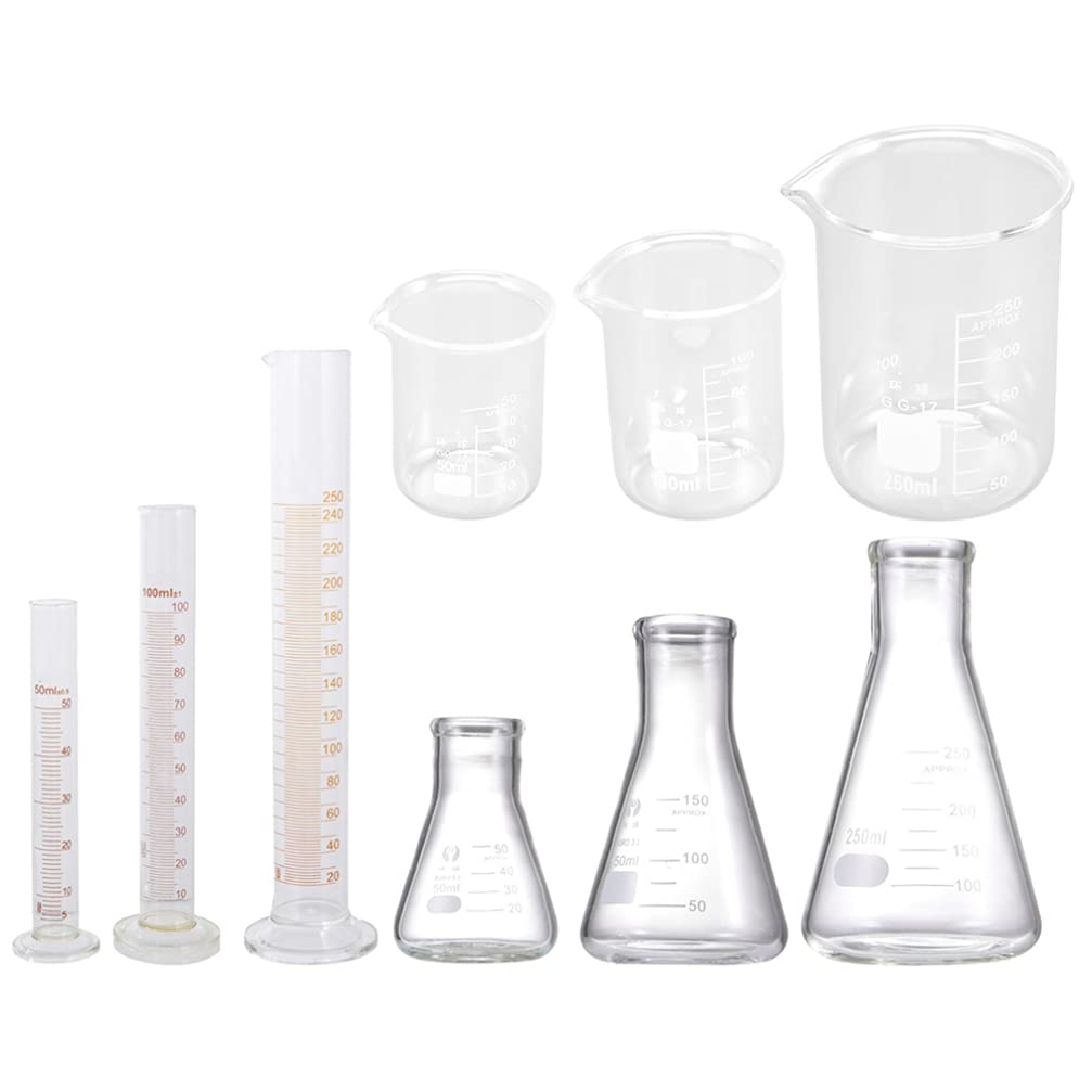 Juego cilindros matraz vaso 9 piezas, matraz vidrio científico, cilindros graduados, vasos medidores transparentes para suministros laboratorio, 50 ml, 100 ml, 250 ml