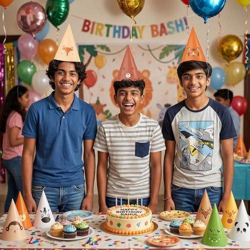 Image of Party Propz Happy Birthday Caps -10 Pcs, Birthday Cap for Decoration, Printed Birthday Caps for Kids, Multicolor Birthday Hat for Kids Pack of 10, Birthday Decor for Boys & Girls (Cardstock)