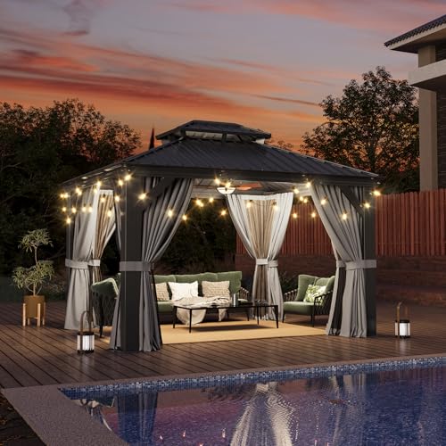 Image of Aoxun 10' X 12' Hardtop Gazebo with Drainage System, Aluminum Outdoor Gazebo with Galvanized Steel Double Roof, Patio Permanent Metal Pavilion with Netting, for Garden, Deck, Grey