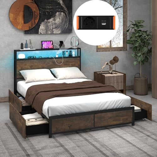 COSTWAY Cadre de Lit Double 140x200cm avec Sommier, Lit avec Éclairage LED et Prise de Courant, USB et 1 Type C, Sommier en Métal avec 4 Tiroirs Rangement,...