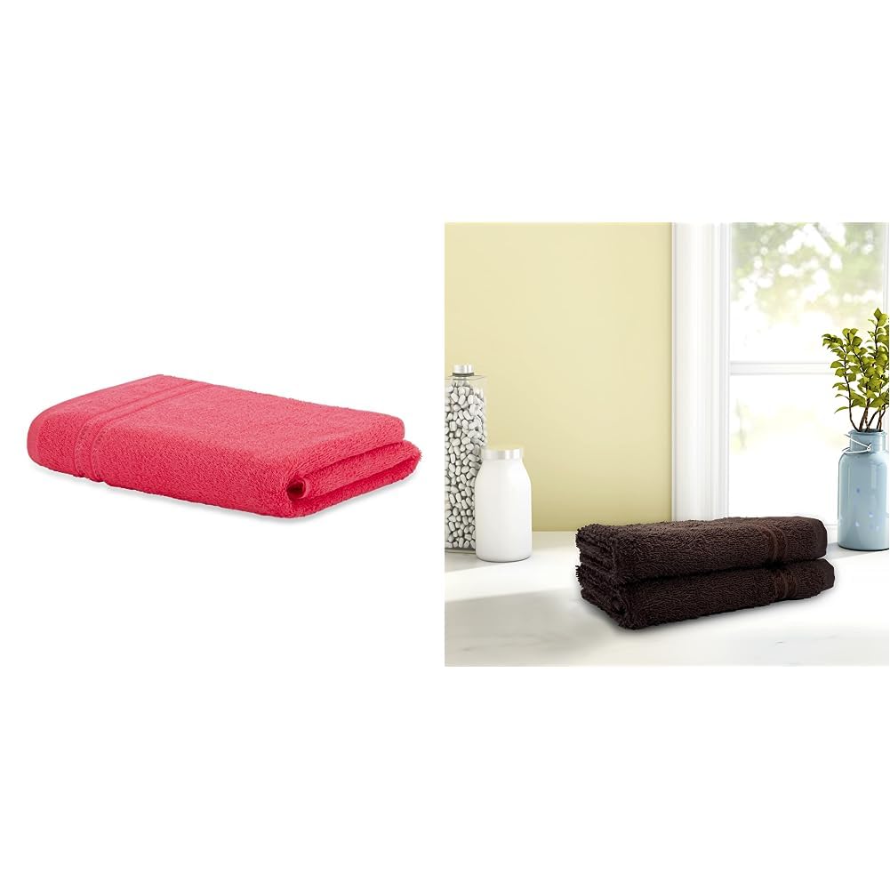 Welspun Bath Towel Quick Dry HIGH Absorbency Attractive Border (Solid 70CMX137CM)-Coral & Welspun Hand Towel Anti Bacterial Bright Colours HIGH Absorbency (Solid 40CMX60CM)-Brown Basket