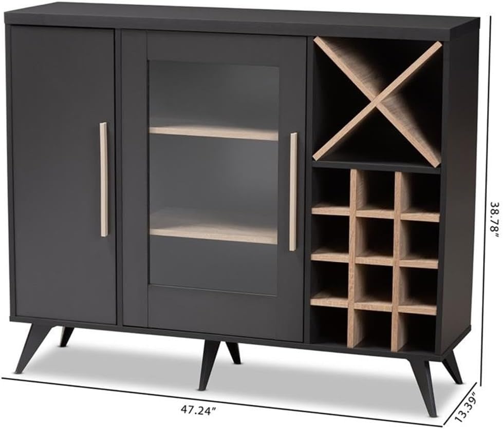 BOWERY HILL Wine Cabinet, 47.24 in Wide, Engineered Wood Construction, Dark Grey and Oak Two-Tone Finish, Built-in 24-Bottle Wine Rack, 5 Shelves with Glass and Wood Doors, Dining Room Storage