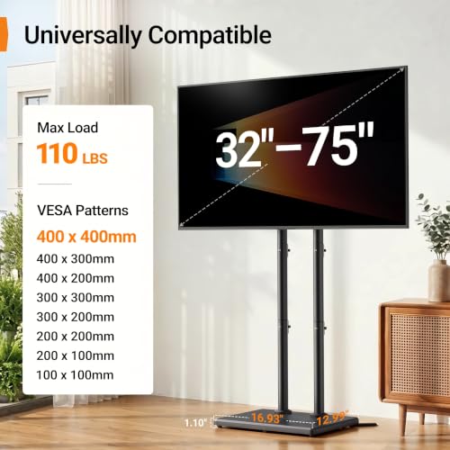 Image of Perlegear Universal Floor TV Stand for 32-75 inch TVs up to 110 lbs, Height-Adjustable Tall TV Stand with Solid Wood Base & Extra-Stable Anti-Tip Feet, Swivel TV Mount for Bedroom, VESA 400x400, PGFLS34B