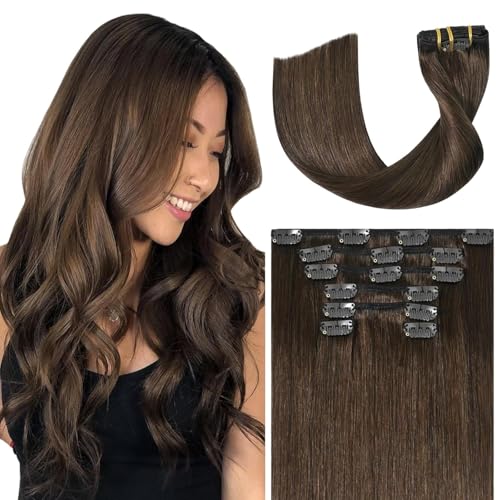 Ukira Medium Brown Clip in Hair Extensions Real Human Hair,