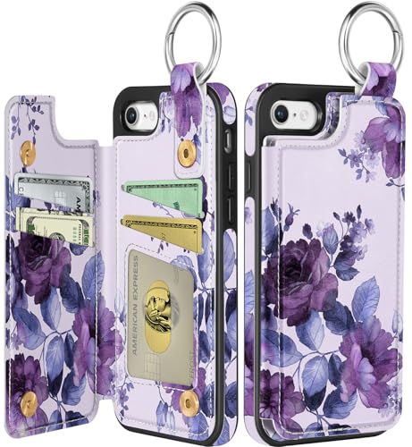Shorogyt for iPhone 8/7/SE Wallet Case, Purple Flower
