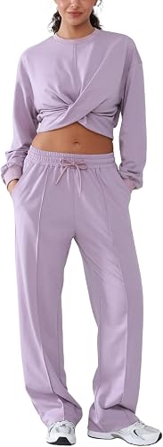 YIPINK Women's Cotton Y2K 2 Piece Outfits Sweatsuit Travel Cropped Twist Sweatsh
