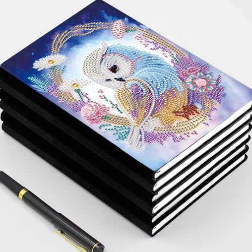 Image of 5D Diamond Art Notebooks, 50 Sheets / 100 Pages, Owl Art Cover Leather Special Shaped Sketchbook DIY Diamond Painting A5 Notebook Blank Sketchbook for Drawing Dream Journal
