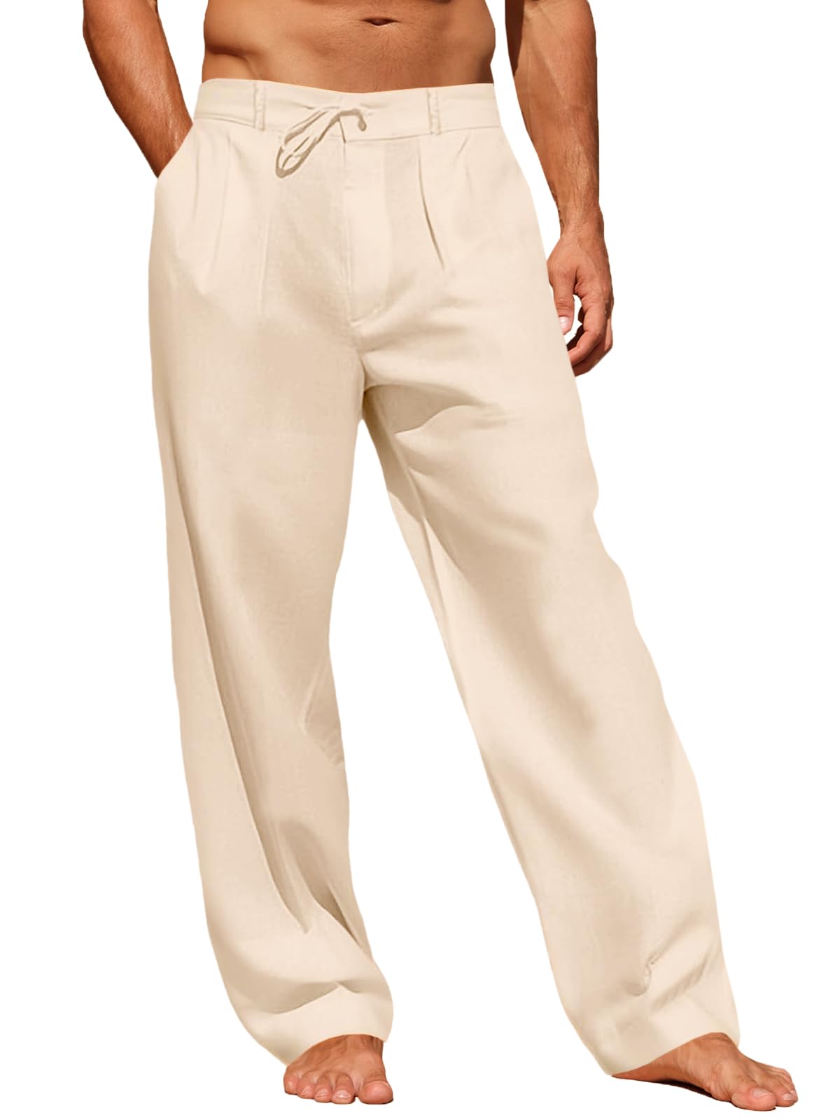 Runcati Mens Linen Cotton Casual Pants Elastic Waist Drawstring Lightweight Pants Loose Fit Summer Beach Yoga Trousers