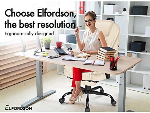 ELFORDSON Massage Office Chair for Home Office, PC Desk Chair with Footrest High Back 150° Recliner Tilt Padded Swivel Fabric, Cream