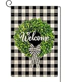 Molili Welcome Boxwood Wreath Garden Flag Vertical Double Sided, Summer Black White Buffalo Check Pl