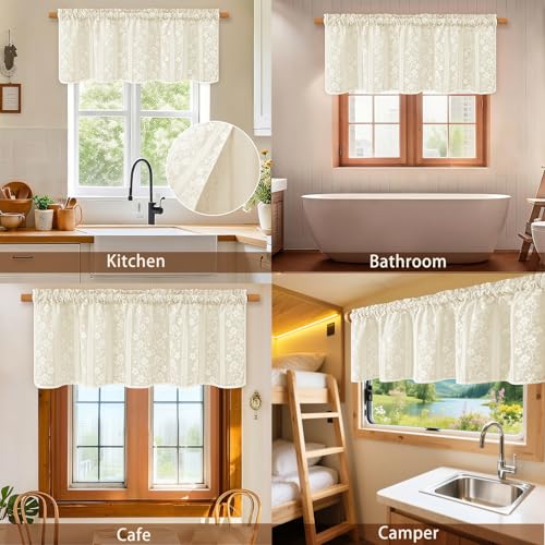 ASPMIZ Linen Valances for Windows Double Layers Valance Curtains Farmhouse Kitchen Curtains with Lace, Short Rustic Curtain for Bathroom Window, Kitchen, Cafe, 52 x 18 Inch Rod Pocket 1 Panel, Beige by ASPMIZ - Image 7