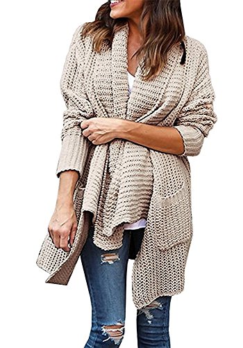 Fashare Womens Open Front Chunky Cable Knit Cardigan Sweaters Coat with Pockets (X-Large, 2-khaki)