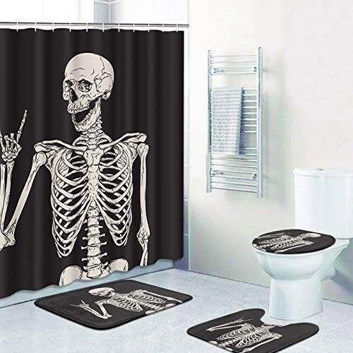 Artsocket 4 Pcs Shower Curtain Set Skeleton Rock Skull Horror Retro Black Creative With Non-Slip Rugs Toilet Lid Cover And Bath Mat Bathroom Decor Set 72" X 72" #TOP2