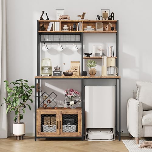 GarveeHome Kitchen Bakers Rack with Refrigerator Storage, Microwave Stand with Power Outlet and Storage, Coffee Bar Cabinet, Freestanding Shelf for Pantry Living Room, Rustic Brown