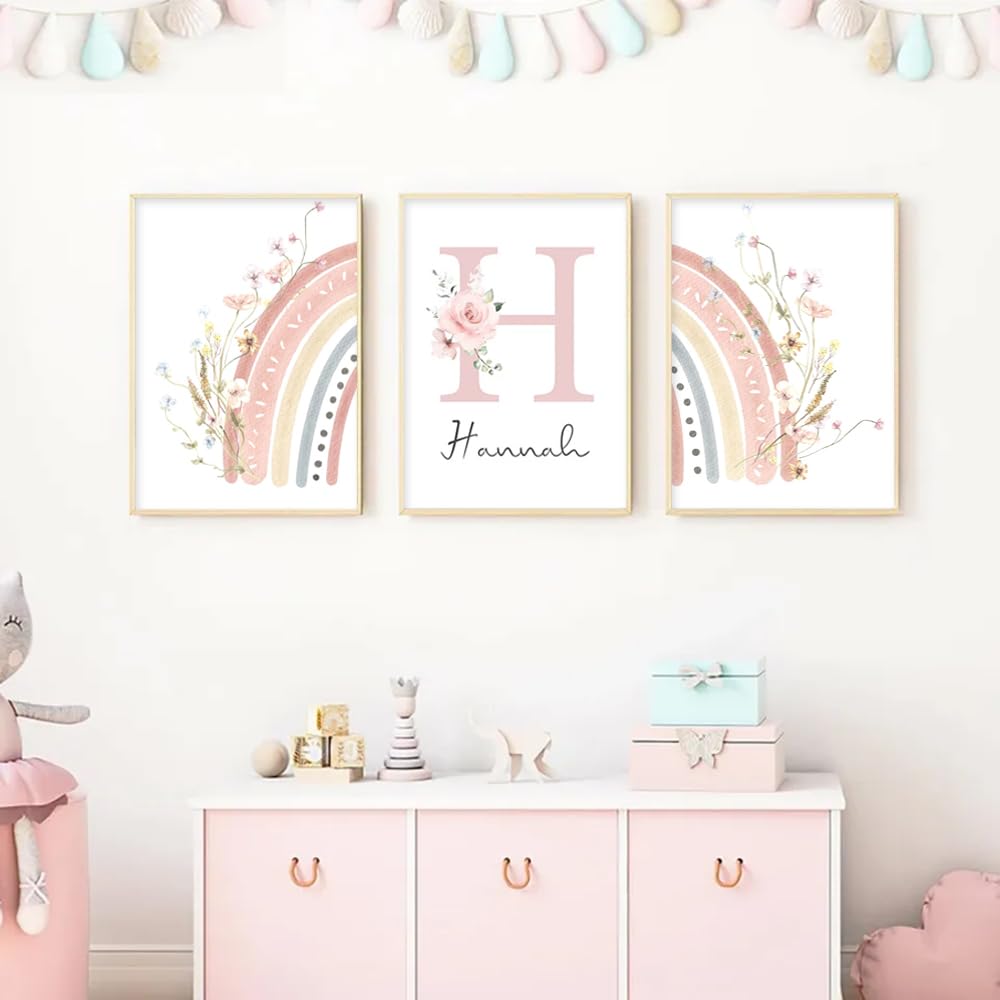 Generico 3 Quadri Personalizzati Nome Nascita Stampe Bimba Fiori Rosa 30x 40 cm Quadro Cameretta Bambina Decorativi da Parete Bambini Poster Camera Ragazza Ragazzo Regalo Tela senza Cornice