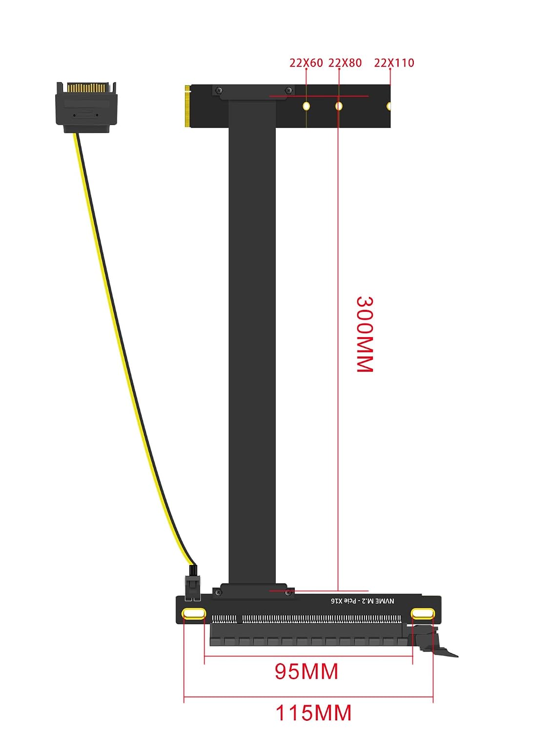 GLOTRENDS 300mm M.2 Key M to PCIe 4.0 X16 Riser Cable with SATA Power Cable, Not Support M.2 SATA Slot