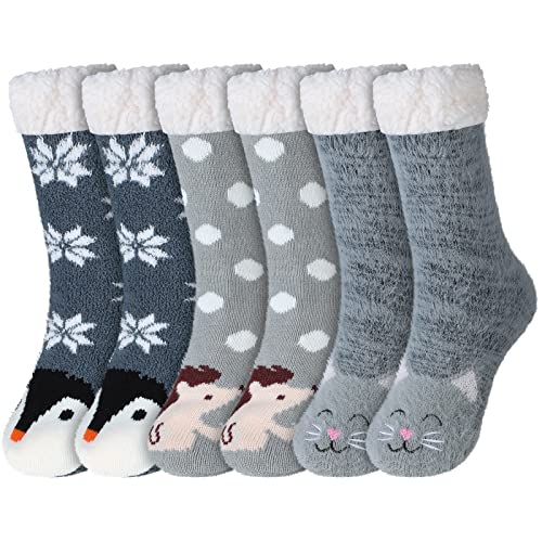 3 Pairs Women Fuzzy Slipper Socks With Grips, Winter Warm Soft Cozy Fluffy Sleeping Socks, Non Skid Cute Cat Animal Socks For Christmas Home House #TOP12