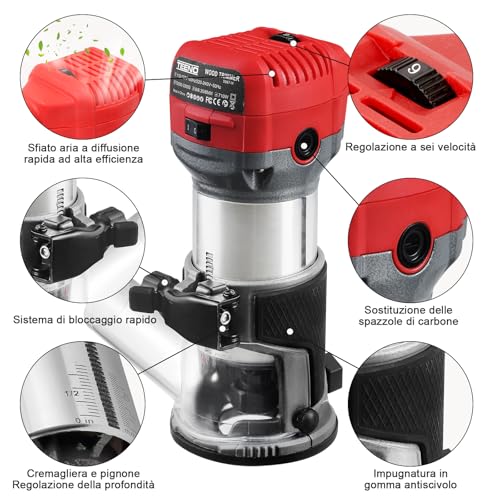 Teeno Rifilatore Fresatrice Verticale Per Legno 800W 13000-33000 Rpm, Legno Rifilatrice Elettrica Con 15 Pezzi 1/4" Fresatura Cuter, 6 Velocità Variabili, Mandrino 6/6.35/8Mm,Scatola Di Plastica - 3
