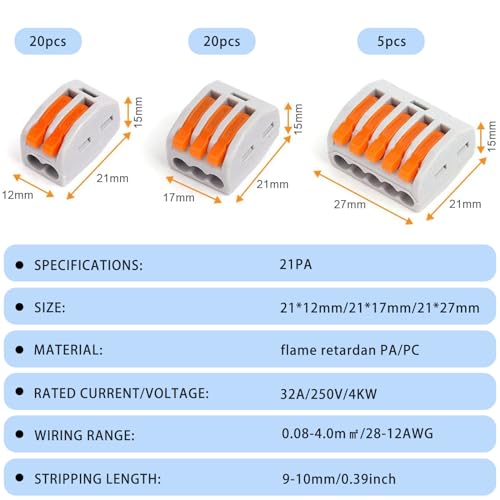 Diompirux 45 Stück Kabelklemmen Set(1 In 5 Out,1 In 3 Out,1 In 2 Out), 0.08-4mm² Elektro Lüsterklemmen mit Betätigungshebel, Kompakt Steckklemmen, für Massive, Litzenförmige,Flexible Drähte