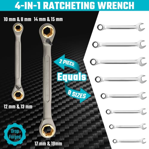 Image of DURATECH Anti-slip 4-in-1 Reversible Ratcheting Box Wrench Set | Double Box End, Metric, 2-Piece, 8, 10, 12, 13 & 14, 15, 17, 19 mm, CR-V Steel, Nickel Plated, with Rolling Pouch