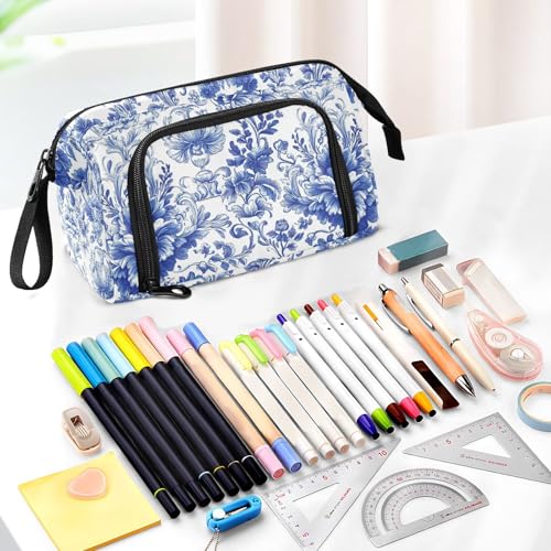 Image of Big Capacity Pencil Pen Case for Adults, Blue Flowers Pencil Bags Portable Makeup Bag Stationery Storage for College Office