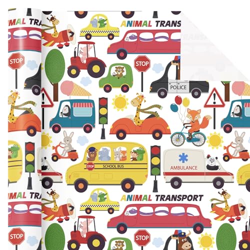WRAPAHOLIC Animal Transport Wrapping Paper Roll - Mini Roll - 17 Inch x 16.5 Feet - Cartoon Animal Transport Car Wrapping Paper Perfect for Kids Boys Girls Birthday, Baby Shower