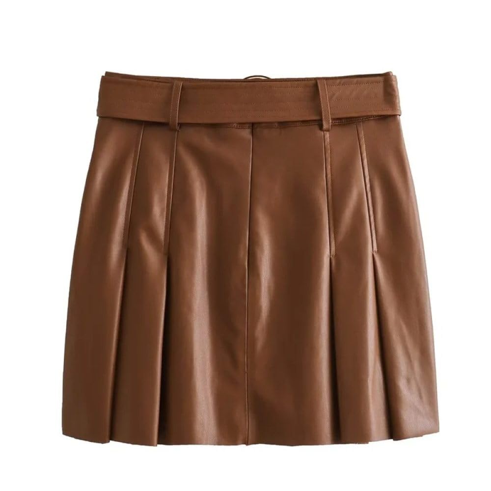 SWEPER Jupe Courte Femme - Mini Jupe Plissée en Cuir pour Femmes, Rétro Américain avec Ceinture, Slim, Ligne A, Couleur Unie, Au-Dessus du Genou, Hiver