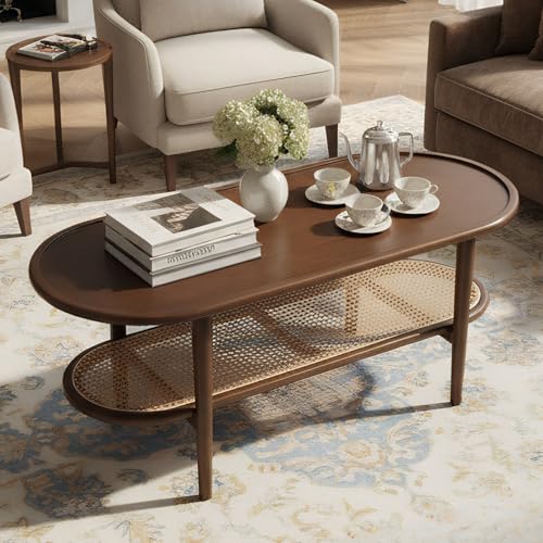 COMULER Modern Rattan Coffee Table, 39.5 Oval Walnut Wood Coffee