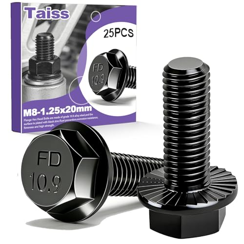 Image of Taiss 25PCS M8-1.25 x 20mm Metric Flange Hex Head Bolts,Hex Drive Screws 10.9 Black Zinc Plated Alloy Steel,m8x1.25 Bolt,Full Thread Hex Bolts