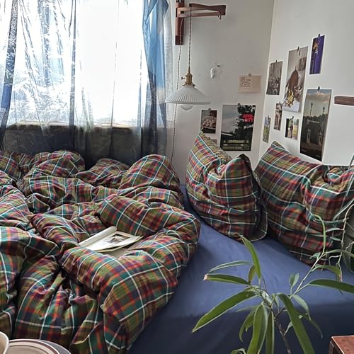 Image of mixinni Buffalo Plaid Duvet Cover Queen Size - 100% Washed Cotton 3-Piece Bedding Set for All Seasons, Retro Grid Design, Soft Breathable Comforter Cover with Zipper Ties for Men, Women-Queen Size