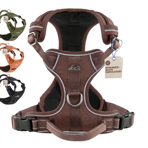 FREUDENTIER Hundegeschirr mit Griff, atmungsaktiv gepolstert - Bombenfester Sitz & maximale Sicherheit - Anti Zug Hundegeschirr kleine, mittelgroße & Grosse Hunde - Hunde Geschirr (Braun, M)